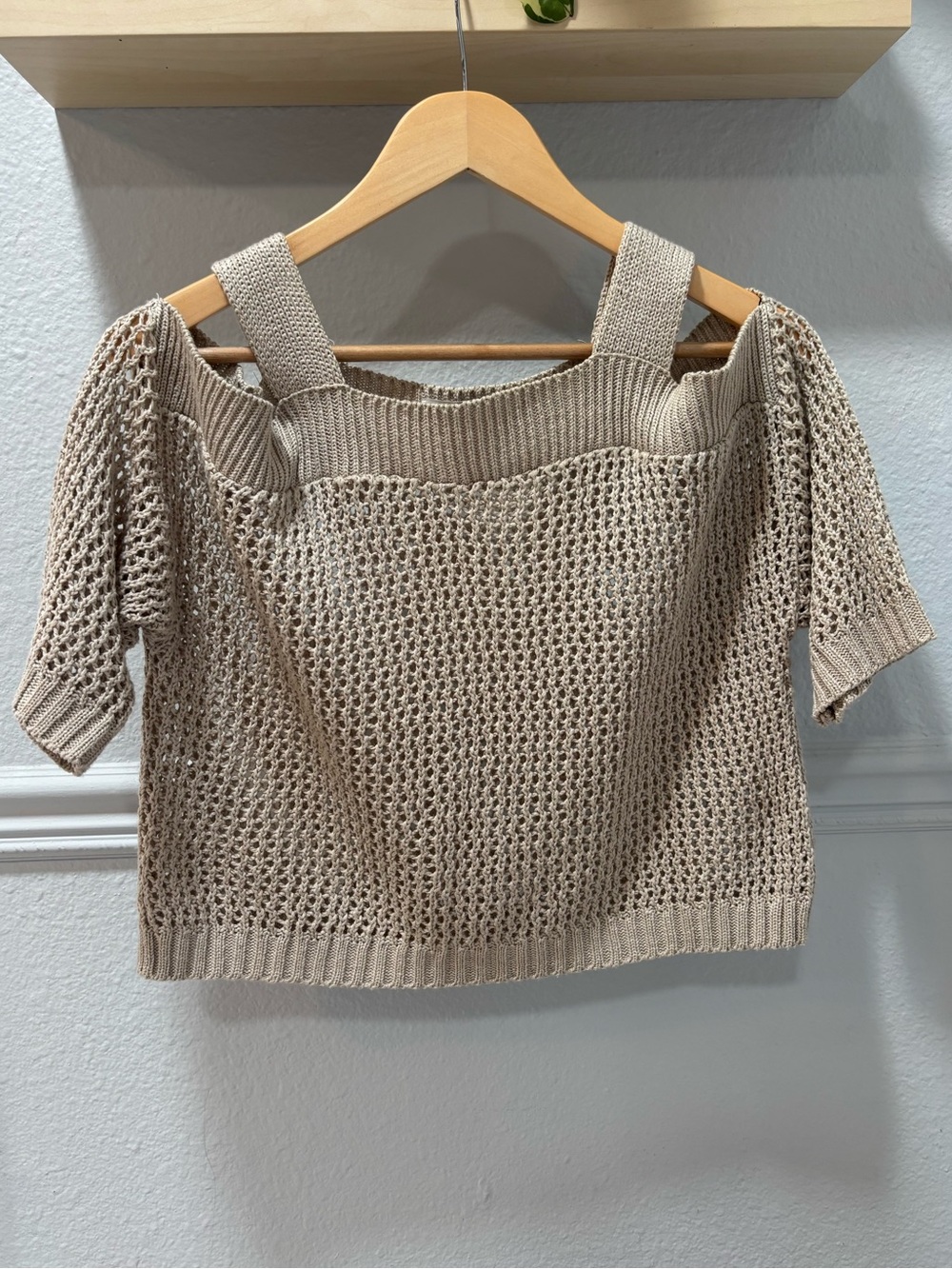Zara Beige Open-Knit Off-the-Shoulder Sweater Top - Picture 1 of 2